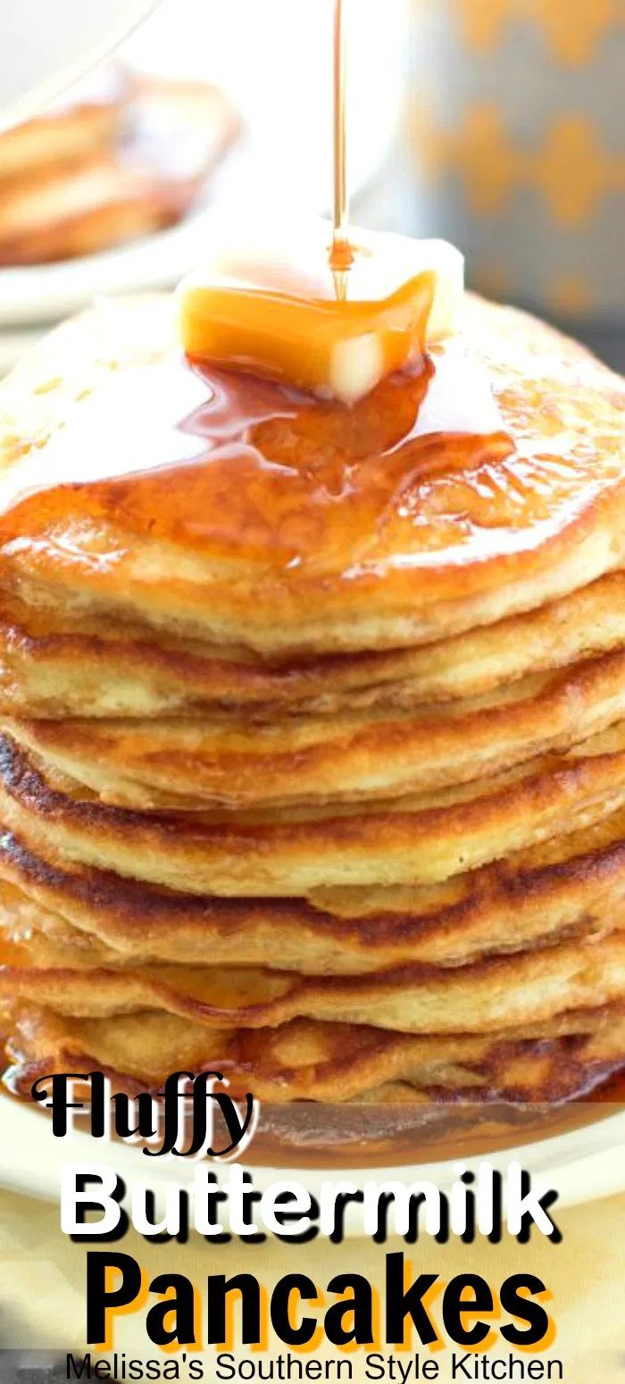 fluffy buttermilk pancakes on a plate with syrup