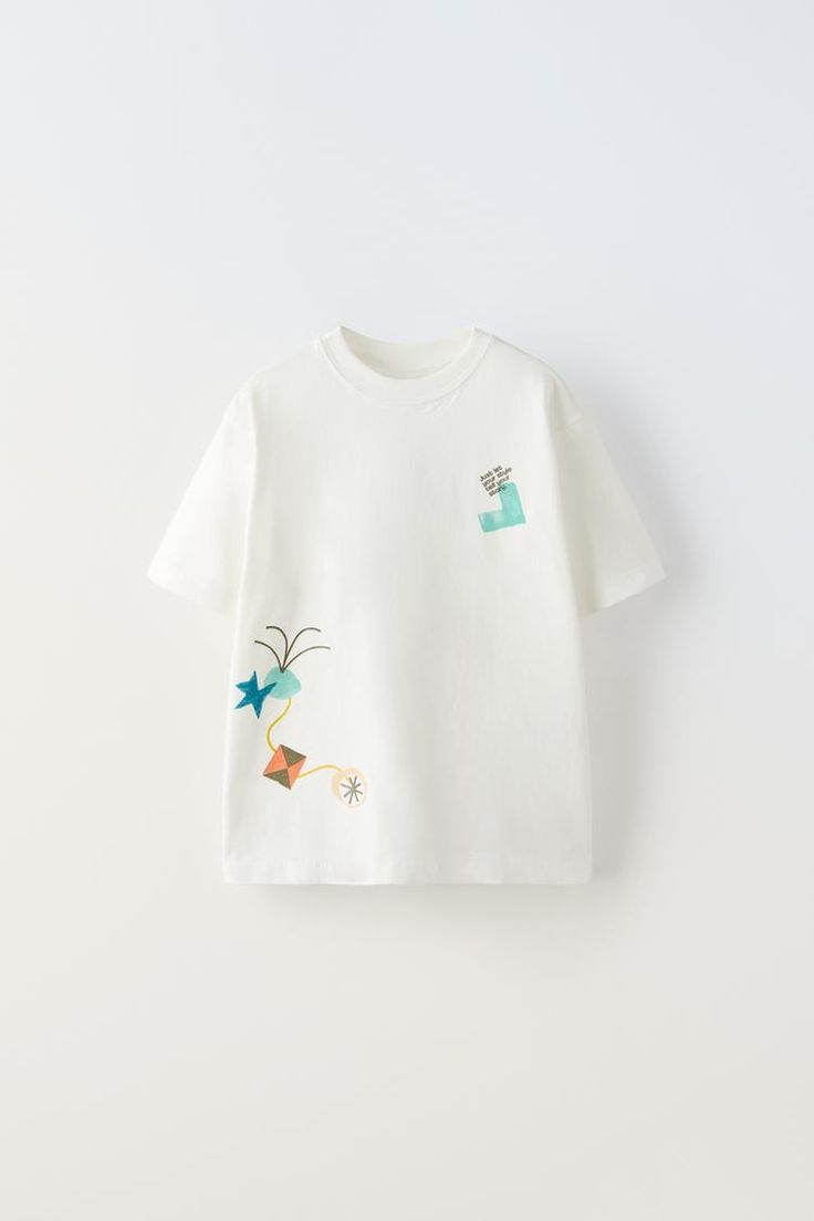 PRINTED T-SHIRT - Oyster-white | ZARA United States White Cartoon Print T-shirt For Spring, White Zara T-shirt With Letter Print, Playful White Cotton T-shirt, Zara Playful Cartoon Print T-shirt, Playful Short Sleeve T-shirt With Letter Print, Playful Short Sleeve Graphic T-shirt, White Short Sleeve Top With Cartoon Print, Cute Zara T-shirt With Graphic Print, Zara Cute Graphic Print T-shirt