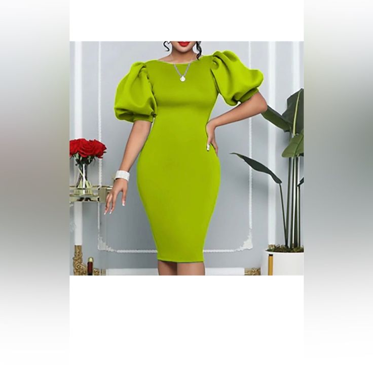 Classy Green Dress Stretch Puff Sleeve Cocktail Dress, Elegant Green Midi Dress With Puff Sleeves, Elegant Stretch Puff Sleeve Dress For Spring, Green Puff Sleeve Dress For Night Out, Elegant Green Puff Sleeve Dress For Party, Summer Office Mini Dress With Stretch, Summer Office Stretch Mini Dress, Summer Stretch Mini Dress For Office, Green Puff Sleeve Evening Dress For Spring