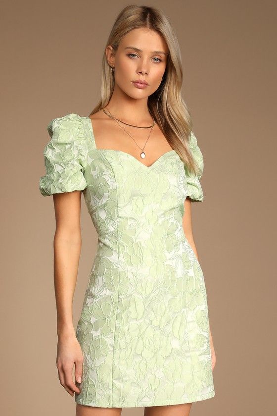 The Lulus Beyond Amazing Light Green Floral Jacquard Puff Sleeve Dress is next-level chicness! Woven jacquard fabric, with a textured floral design throughout, shapes this dress that has a sweetheart neckline and puffy short sleeves. The princess-seamed bodice carries into an A-line mini skirt. Hidden back zipper/clasp. Fit: This garment fits true to size. Length: Mid-thigh. Size medium measures 33" from top to bottom. Bust: Great for any cup size. Waist: Fitted - very fitted at natural waist. H Green Hoco Dress, Modest Homecoming Dresses, Sorority Recruitment Outfits, Floral Dress Outfits, Light Green Dress, Recruitment Outfits, Green Homecoming Dresses, Cute Floral Dresses, Formal Dresses With Sleeves