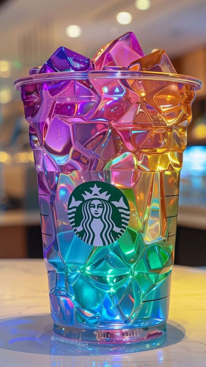 a starbucks cup filled with lots of colorful ice cubes on top of a table