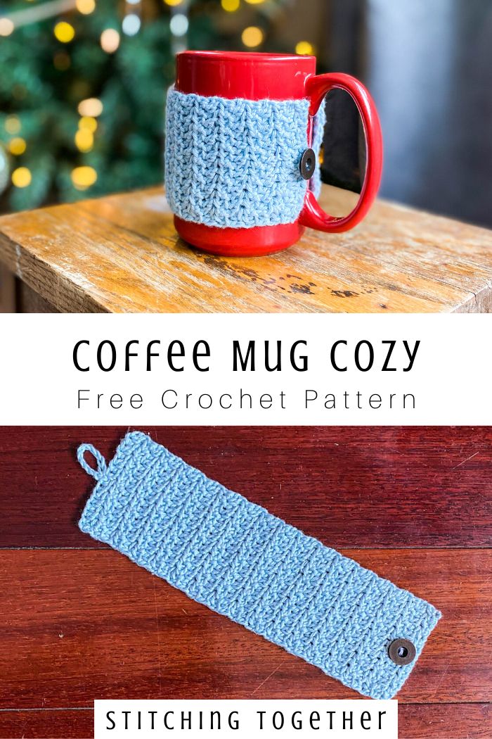 the coffee mug cozy crochet pattern is shown on a wooden table with a christmas tree in the background