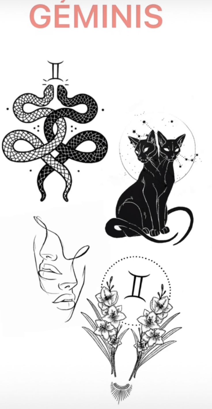 an image of the zodiac sign with cats and flowers on it, in black and white