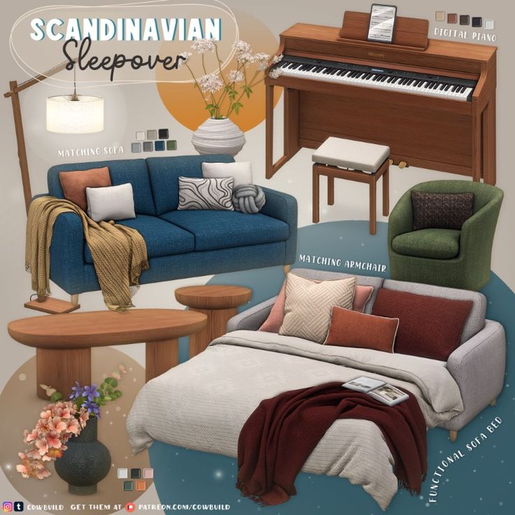 a living room filled with furniture and a grand piano in the background that reads scandinavian sleepover