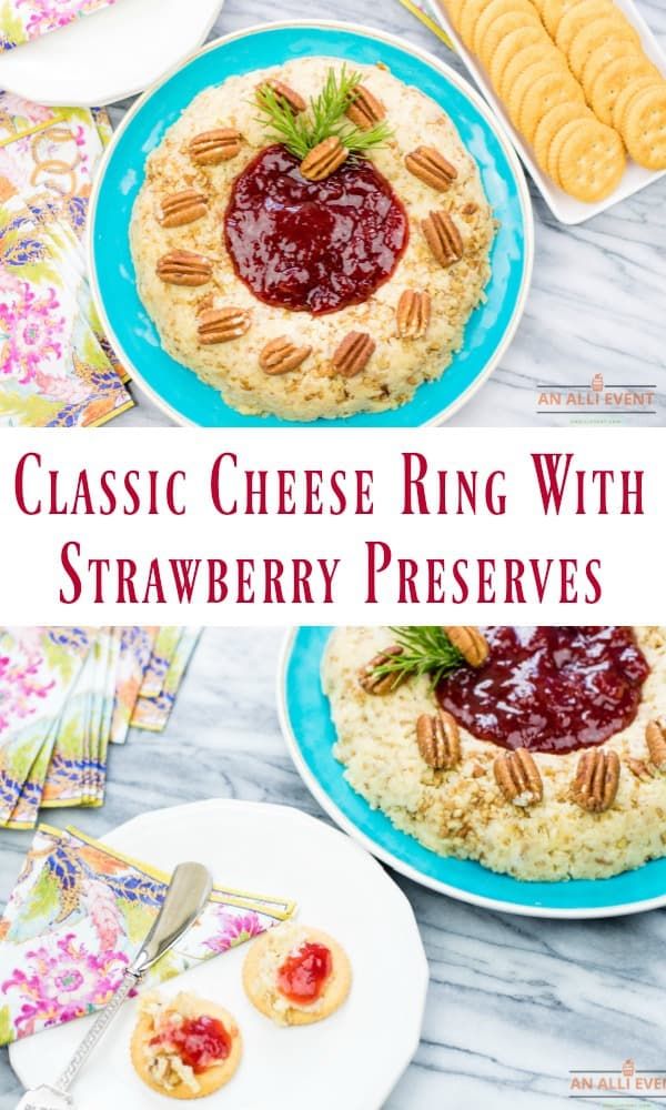 classic cheese ring with strawberry preserves preserves on top and in the middle, sitting next to other desserts