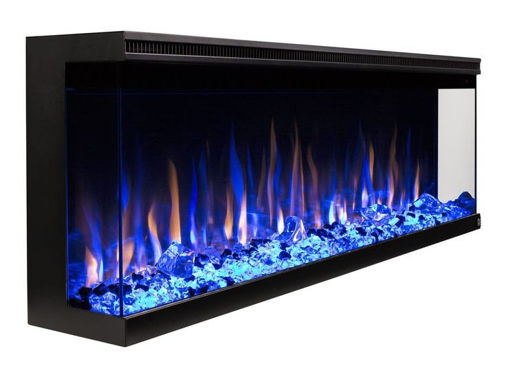 an electric fireplace with blue flames on the side and rocks in the bottom half, against a white background