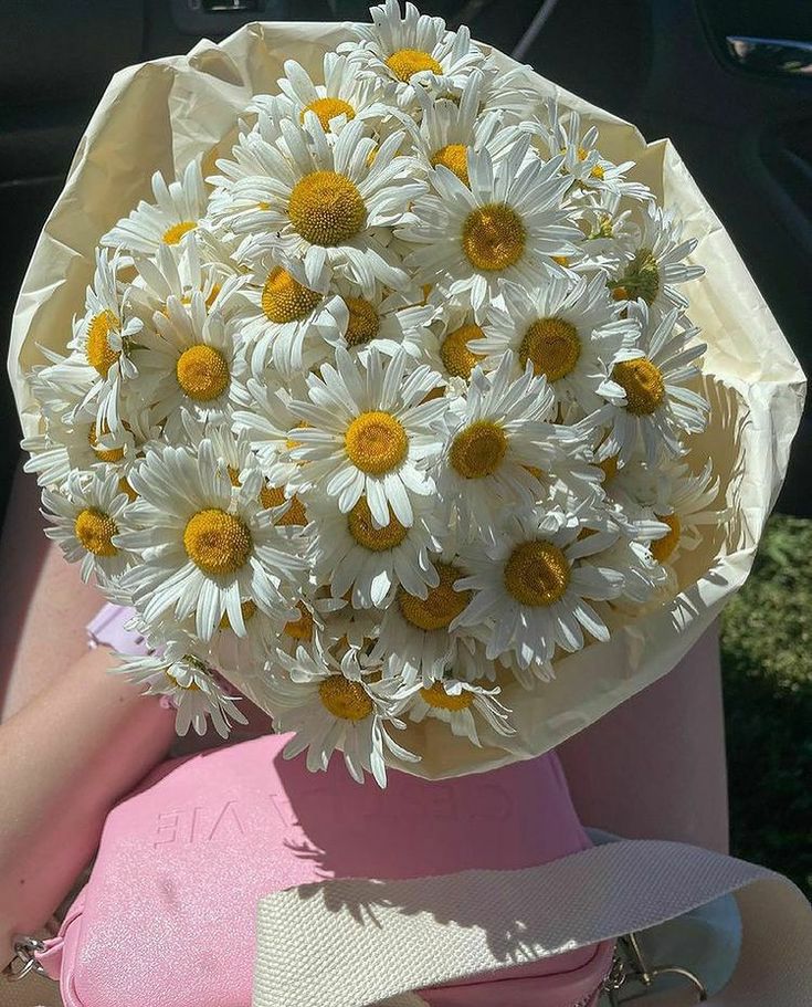 a bouquet of daisies in a woman's pink dress on the back seat of a car