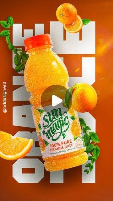 a bottle of juice with oranges and leaves around it on top of an orange background