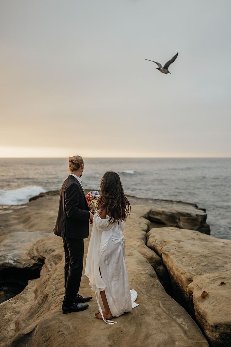 a man and woman standing on top of a cliff next to the ocean with a bird flying over them