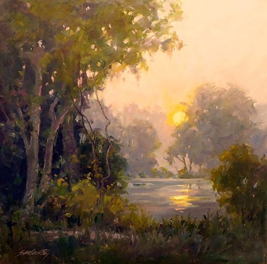 a painting of trees and water with the sun setting