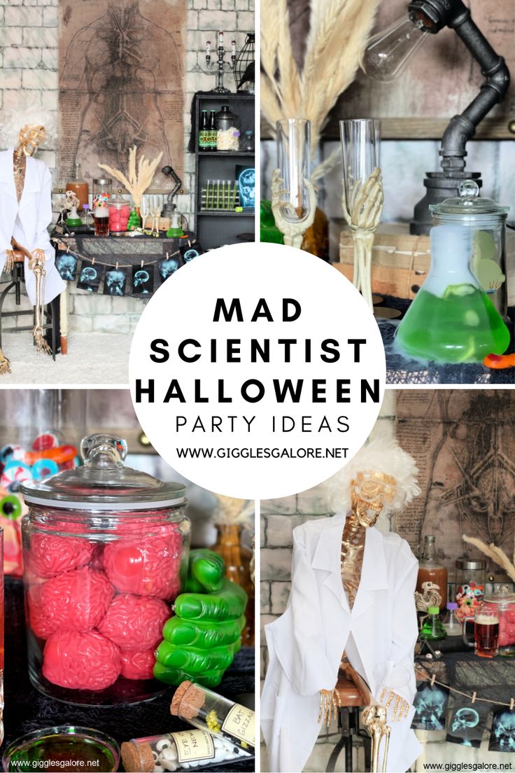 a collage of photos with text that reads map scientist halloween party ideas