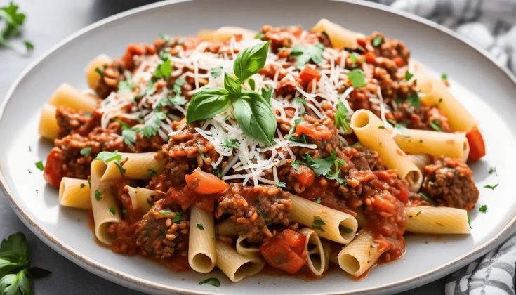 a white plate topped with pasta and meat sauce