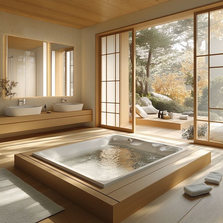 a bath room with a large jacuzzi tub next to two sinks and windows