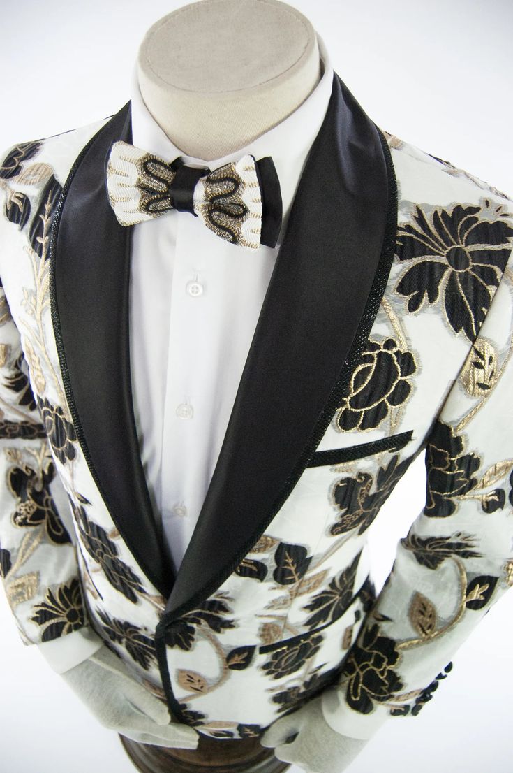 This jacket's standout color and vintage design accented by shawl lapels and finely detailed floral embroidery create a luxurious, sophisticated look that pairs well with flashier prom or wedding outfits. Stretch Blend Fabric Slim-Fit Shawl Lapel Single-Breasted White Dinner Jacket, Embroidery Fashion Detail, White Dinner, Dinner Jacket, Gq Style, Embroidery Suits, Wedding Outfits, Embroidery Fashion, Paisley Pattern