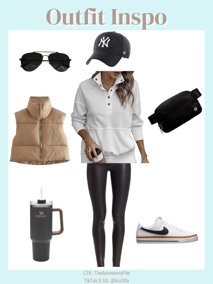 Fall & winter outfit inspo. Street style. Puffer vest, white pullover, black aviators, lululemon belt bag, Nike court shoes, Stanley cup, black Yankees ball cap, amazon finds, casual outfit, fall outfit, winter outfit #blushpink #winterlooks #winteroutfits #winterstyle #winterfashion #wintertrends #shacket #jacket #sale #under50 #under100 #under40 #workwear #ootd #bohochic #bohodecor #bohofashion #bohemian #contemporarystyle #modern #bohohome #modernhome #homedecor #amazonfinds #nordstrom #b Black Ball Cap Outfit, Ball Cap Outfit Winter, Nike Court Shoes, Style Puffer Vest, Puffer Vest White, Black Vest Outfit, Ball Cap Outfit, Outfit Inspo Street Style, Casual Outfit Fall