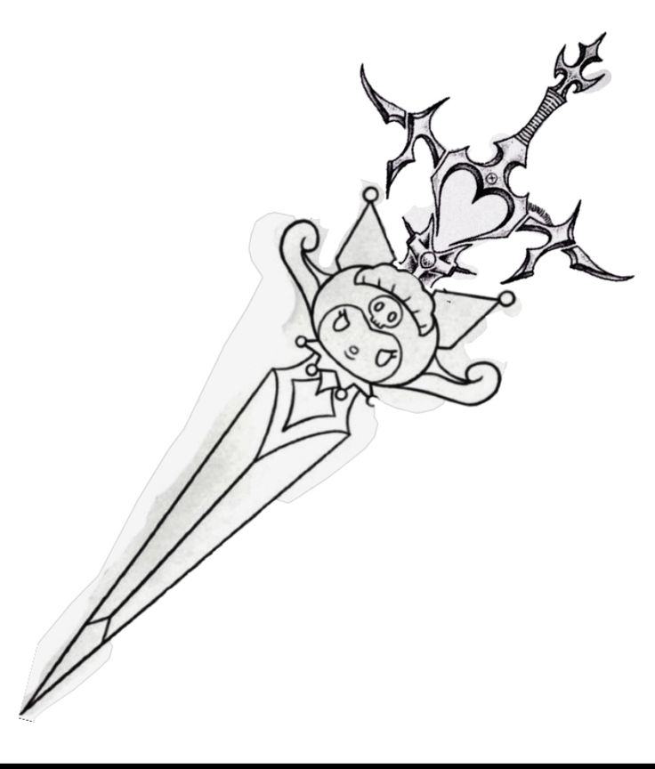 a black and white drawing of a girl holding a knife with vines coming out of it