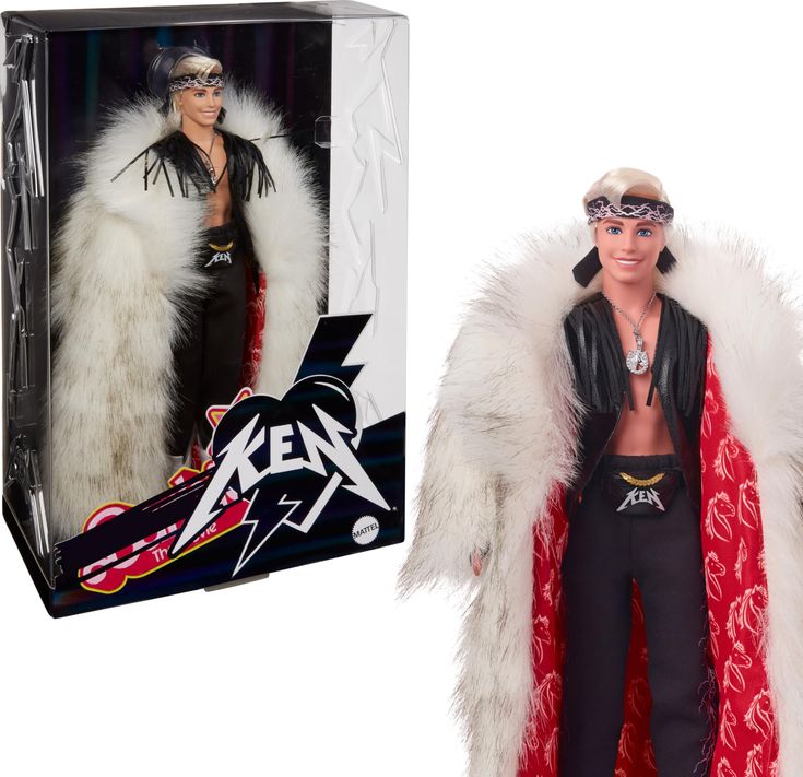 the action figure is dressed in an outfit and fur coat, with his hands on his hips