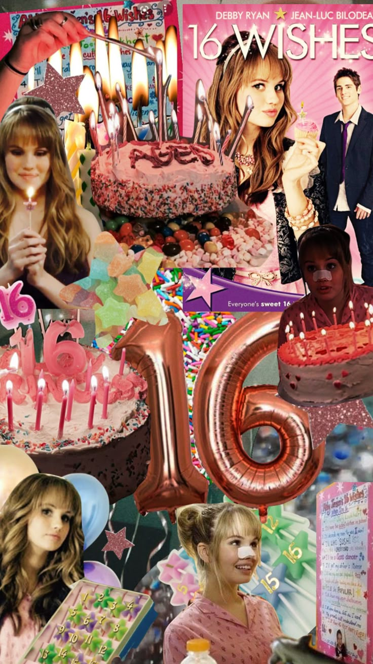 a collage of photos with candles, cake and other items for a birthday party