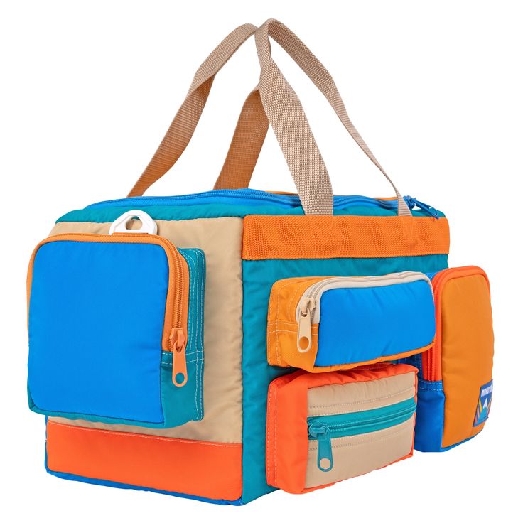 a multicolored lunch bag with multiple compartments