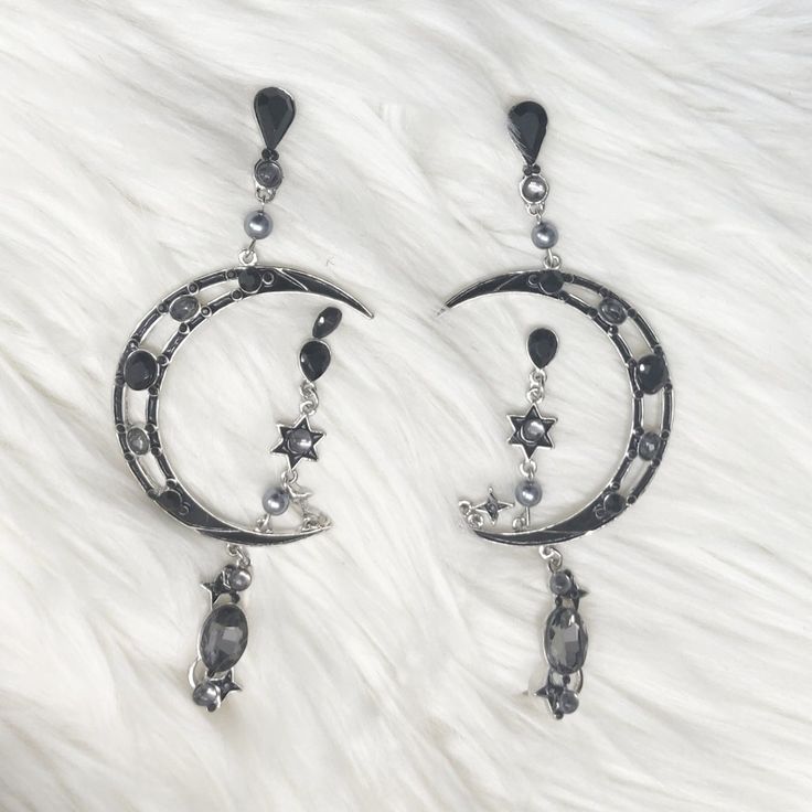 Beautiful Oversized Bejeweled Crescent Moon Earrings. These Beautiful Jewel Toned Moon Earrings Are Fabulous For Any Occasion. They Have Festival Bohemian Witchy Anime Vibes. - Oversize Dangle - Bejeweled With Smokey Colored Rhinestones - Approximately 5" Long And 2.5 " Wide Festival, Witch, Princess, Moonchild, Anime, Kawaii, Bohemian, Vacation Crescent Moon Charm Earrings For Party, Crescent Moon Charm Party Earrings, Celestial Silver Crystal Earrings For Party, Metal Jewelry With Moon Charm For Party, Silver Moon Shaped Jewelry For Party, Silver Moon-shaped Jewelry For Party, Crescent Moon Phase Jewelry For Party, Silver Moon-shaped Party Jewelry, Black Moon Charm Jewelry For Party