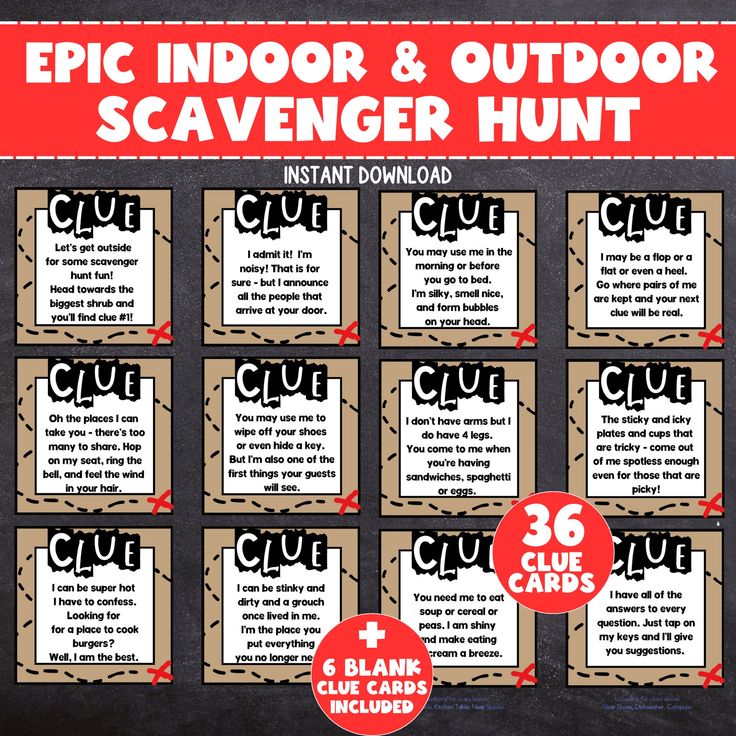 an outdoor scavenger hunt is shown in red and black with the words, epic indoor & outdoor scavenger hunt