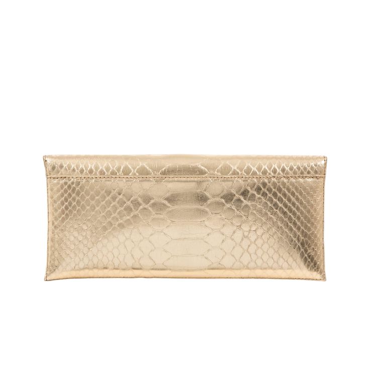 Nile Clutch in Metallic Gold Python by Cape Cobra Envelope clutch with decorative flap detail. Includes detachable underarm chain. Interior: leather and goat suede lining with pockets. Dimensions: Height 5.1 inch | Length 11.2 inch | Width 0.4 inch Not your color? Enquire at team@supportherstory.com Leather Clutch With Fold Over Clasp For Party, Elegant Envelope Wallet With Magnetic Closure, Elegant Leather Clutch Wallet On Chain, Formal Clutch Wallet With Chain Strap, Elegant Leather Wallet On Chain Clutch, Elegant Leather Wallet On Chain With Magnetic Closure, Elegant Wallets With Chain Strap, Elegant Leather Envelope Wallet, Elegant Leather Envelope Evening Bag