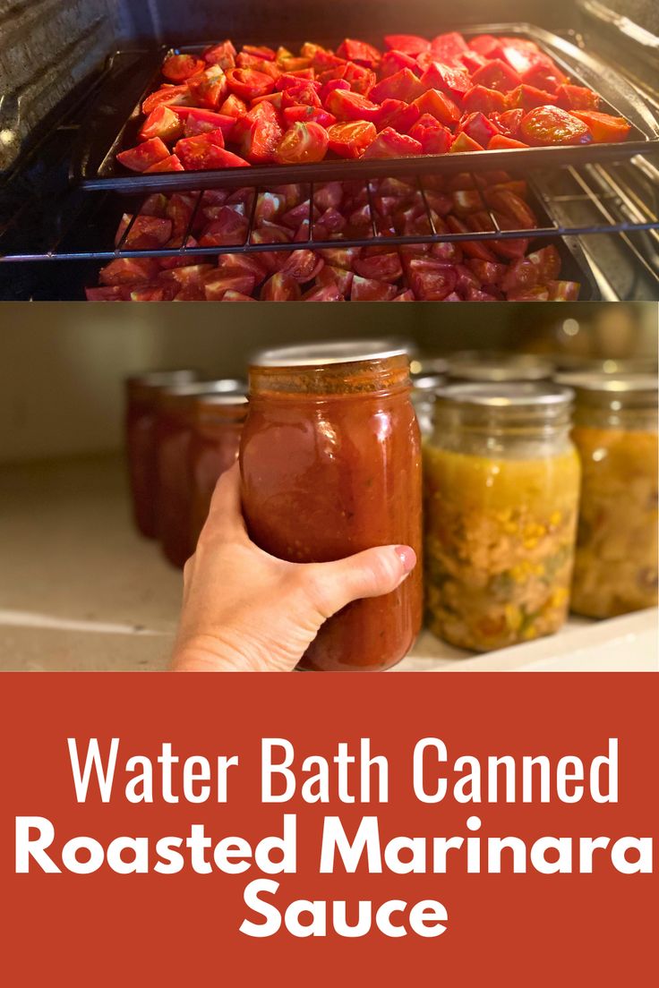 the process of making homemade water bath canned marinara sauce is shown in two pictures