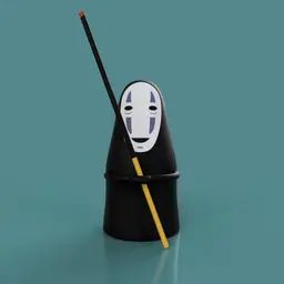 a black container with a white face and two chopsticks sticking out of it