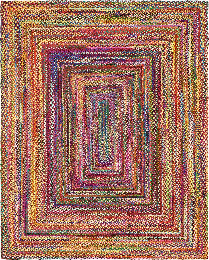 a square rug made out of multicolored yarn