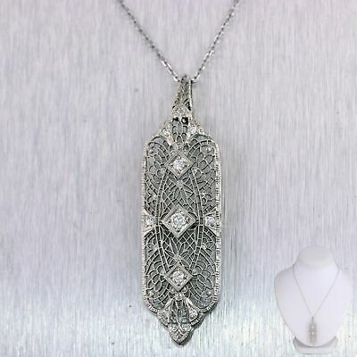 (eBay) 1920's Antique Art Deco 14k White Gold 0.52ctw Diamond Filigree 22" Necklace Art Deco Diamond Necklace With Filigree Details, Art Deco Diamond Necklace With Filigree, Formal Art Deco Diamond Necklace With Accents, Art Deco White Gold Diamond Necklace For Formal Occasions, Art Deco Diamond White Necklace For Anniversary, Classic Silver Diamond Necklace With Intricate Design, Classic Silver Filigree Diamond Necklace, Victorian Diamond Necklace With Accents For Anniversary, Classic Diamond Filigree Necklaces