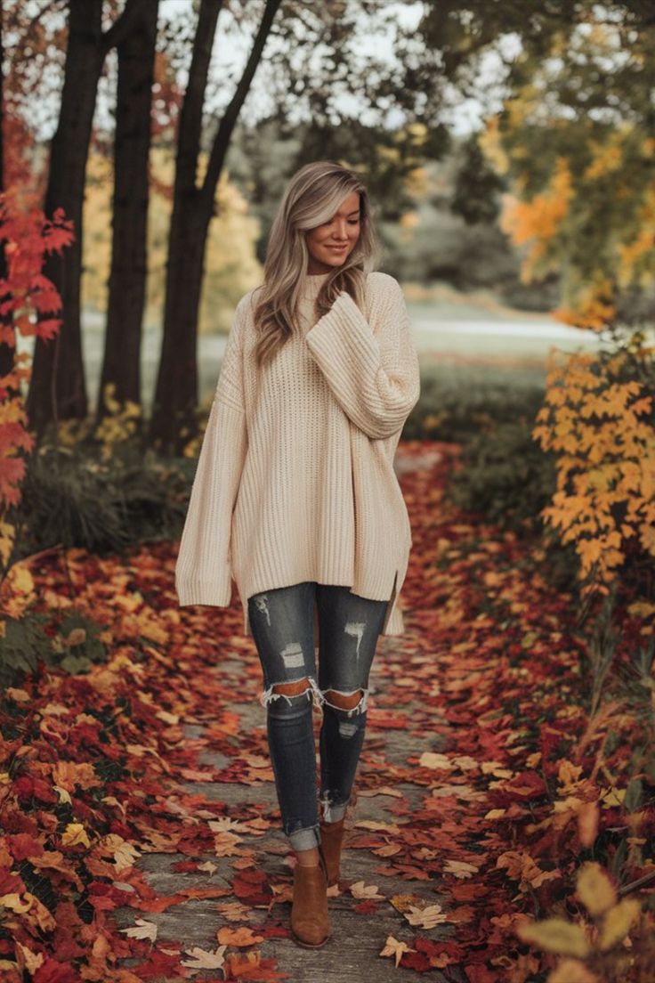 A fashionable fall outfit featuring a chunky oversized cream knit sweater, ripped jeans, and ankle boots worn by a woman walking in a colorful autumn park. Cozy Fall Sweater Outfit Ideas, Sweater Outfit Ideas, Cozy Fall Sweater, Cozy Sweaters Autumn, Fall Portraits, Oversized Knit Sweater, Sweater Outfits Fall, 2024 Outfits, Chic Fall Outfits