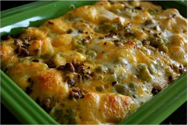 three different views of food in green trays and on the same plate, there is a casserole