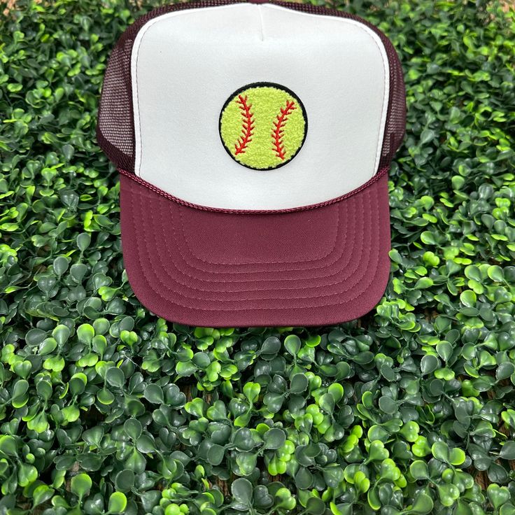 Softball Patch Hats are the perfect accessory for any softball lover! Chenille Softball Patch on a foam Trucker cap adjustable snaps. 100% Polyester mesh back Sporty Mesh Snapback Hat For Baseball Season, White Baseball Cap With Mesh Back, Mesh Snapback Baseball Cap For Baseball Season, White Mesh Snapback Hat For Baseball Season, Sporty Trucker Hat For Game Day With Curved Bill, White Mesh Snapback Hat For Baseball, White Curved Brim Baseball Cap With Mesh Back, Mesh Snapback Hat For Sports Events, Baseball Season Mesh Back Trucker Hat