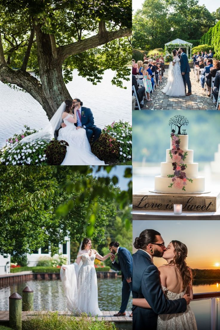 a collage of wedding photos with bride and groom at the end of their ceremony