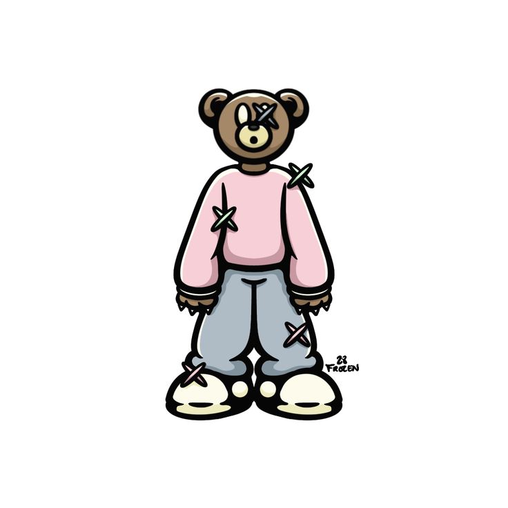 a drawing of a teddy bear wearing a pink shirt and blue pants with scissors in his mouth