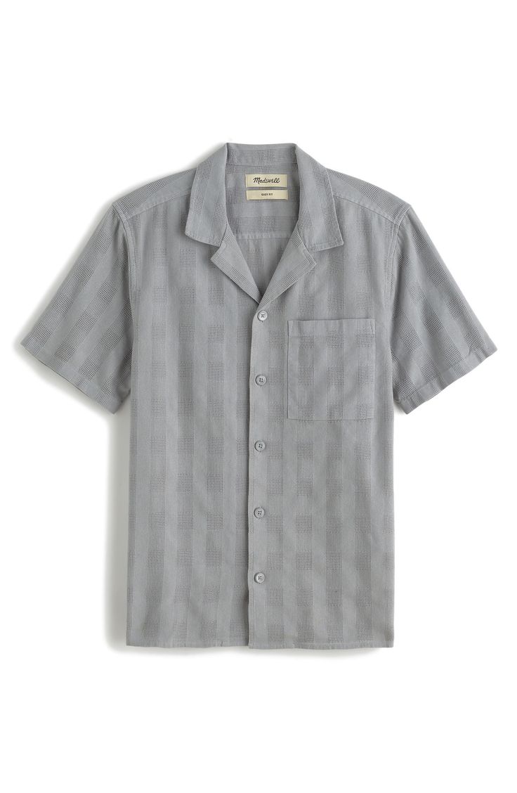 Madewell's slightly oversized camp shirt has a relaxed fit that's just so, well, easy. Made of textured and comfortable cotton, this notched-collar button-up is perfect for doing that laid-back-yet-put-together thing. Front button closure Notched collar Short sleeves Chest patch pocket Side slits 100% cotton Machine wash, tumble dry Imported Casual Unstructured Camp Shirt With Johnny Collar, Classic Camp Shirt With Camp Collar For Casual Gatherings, Relaxed Fit Camp Shirt With Johnny Collar, Casual Unstructured Camp Shirt With Camp Collar, Camp Collar Shirt With Button Closure For Casual Gatherings, Casual Unstructured Collared Camp Shirt, Relaxed Fit Collared Camp Shirt For Casual Gatherings, Cotton Camp Shirt With Relaxed Fit And Camp Collar, Relaxed Fit Cotton Camp Shirt With Camp Collar