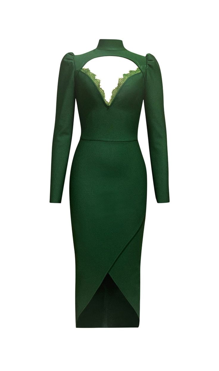 DARK GREEN CHEST HOLLOW LACE STITCHED SLIM MIDI DRESS Long Sleeve Lace Midi Dress, Fair Complexion, Hollow Design, Green Midi Dress, Lace Midi, Plus Size Kleidung, Lace Midi Dress, Mid Length Dresses, Plus Dresses