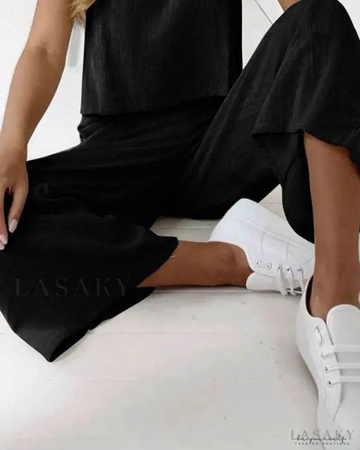 Lasaky - Casual tank top and wide leg pants set Casual Two-piece Set With Wide-leg Pants, Casual Two-piece Pants For Vacation, Casual Sleeveless Loungewear Sets, Casual Summer Sets With Wide-leg Pants, Casual Sleeveless Matching Set Bottoms, Casual Matching Set Bottoms, Wide Leg Non-stretch Pants, Casual Solid Two-piece Bottoms, Non-stretch Two-piece Wide Leg Pants