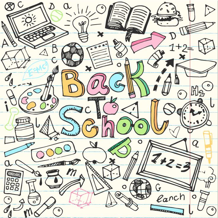 back to school doodles on lined notebook paper with pencils and other items in the background