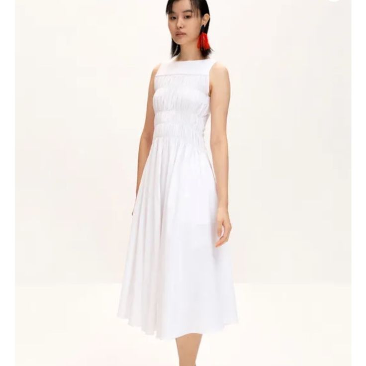 This Sleeveless Dress Features Smocked Detail Through Front And Has Open Back Silhouette With Ribbon Detail At Back. - Midi Length - Sleeveless Dress - Smocked Panel - Open Back Silhouette With Ribbon Details - Back Zip Fastenings Measurements(In.) Size One Size(Xs-M) - Bust: 15.55 In - Waist: 13.39 In - Length: 44.09 In * Model Info: Height 5' 10 Bust 32" Waist 27" Hip 35.5", Wearing Size One Size Composition & Care - 97% Cotton, 3% Polyurethane / Lining: 100% Polyester - Dry Cleaning Designer Back Silhouette, Norma Kamali Dress, Miranda Dress, Moon Lee, Lee White, Open Dress, Fall Floral Dress, Knit Skater Dress, Striped Dress Summer