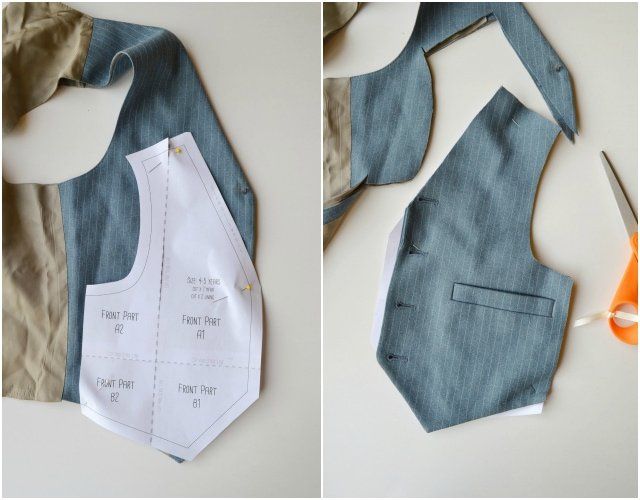 two pictures showing how to make a vest out of old jeans and paper with scissors