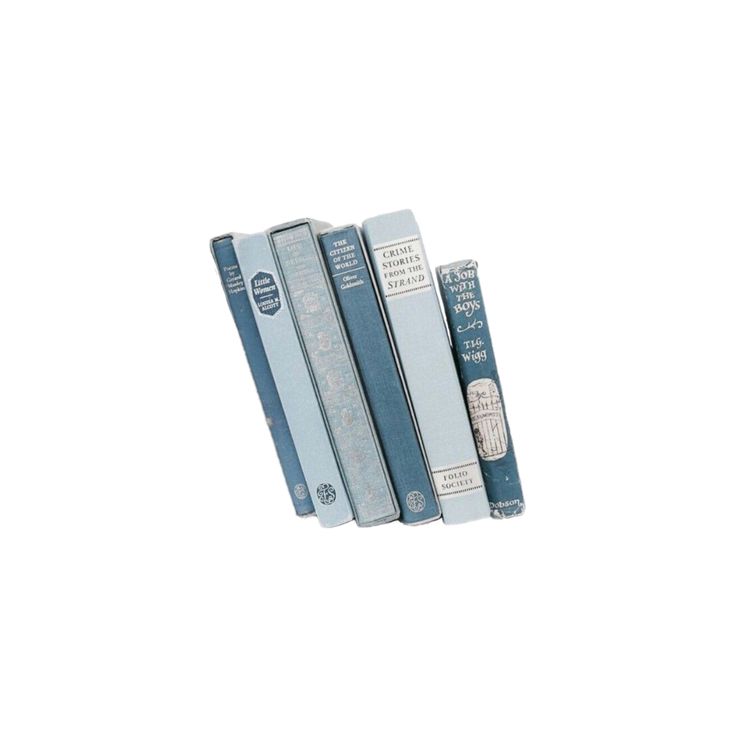 three books are lined up on top of each other, one is blue and the other is white