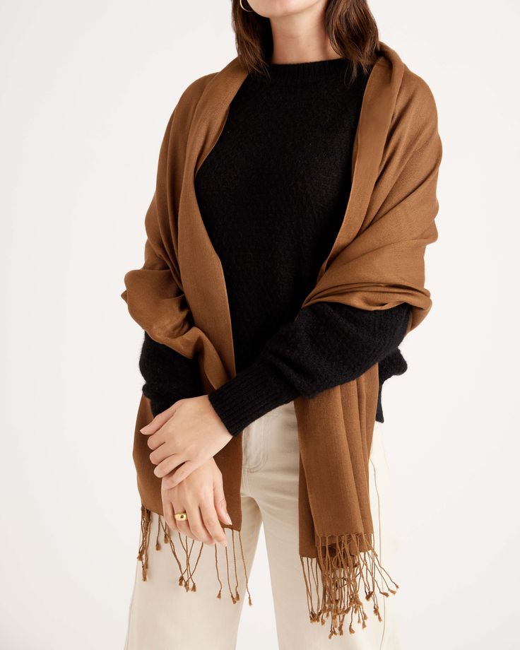 Our Cashmere Silk Scarf combines two of our favorite materials. This super soft, airy scarf has long fringe borders for a classic yet elegant look you'll love wearing around.  | Quince | Women's Featherweight Cashmere Silk Fringe Scarf in Brown Classic Pashmina Scarf For Fall, Solid Color Fringe Scarf For Fall, Fall Fringe Scarves, Elegant Fringe Shawl Scarf, Elegant Fringed Shawl Scarf, Elegant Fringed Scarves For Fall, Elegant Fall Shawl With Tassels, Classic Fall Shawl, Elegant Winter Shawl With Fringe