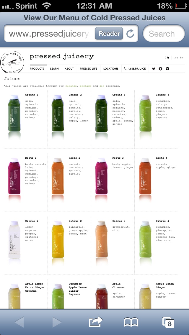 an iphone screen showing the price of cold pressed juices in different colors and sizes