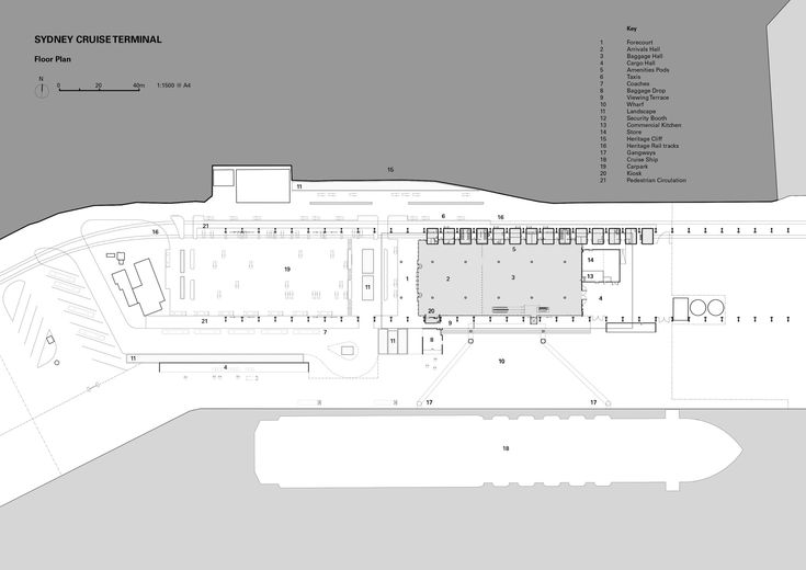 the plan for an airport terminal with parking spaces and walkways, as well as several buildings