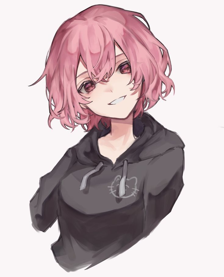 an anime character with pink hair wearing a black hoodie