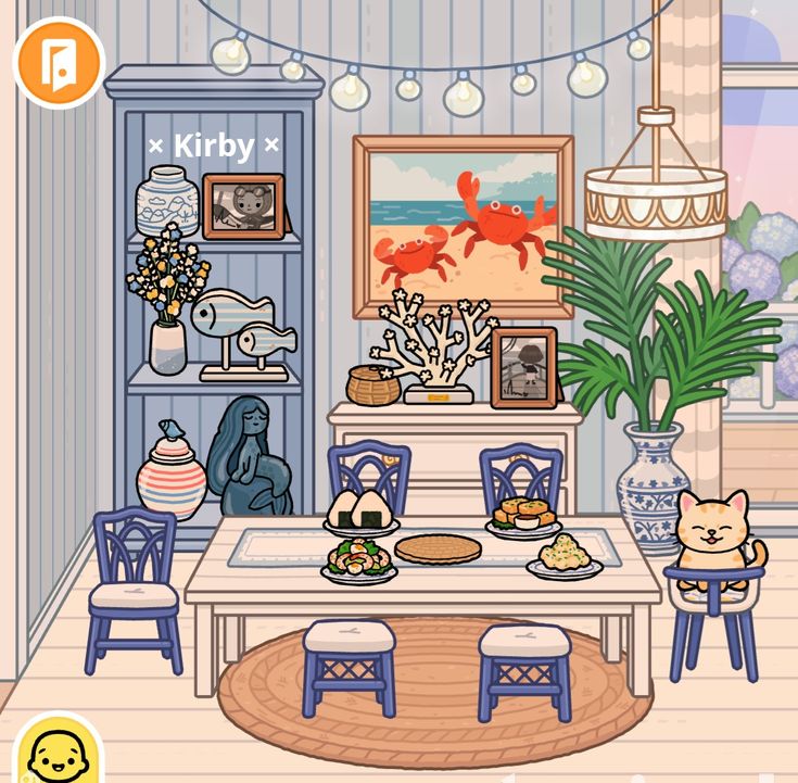 a cartoon cat sitting at a table in a living room