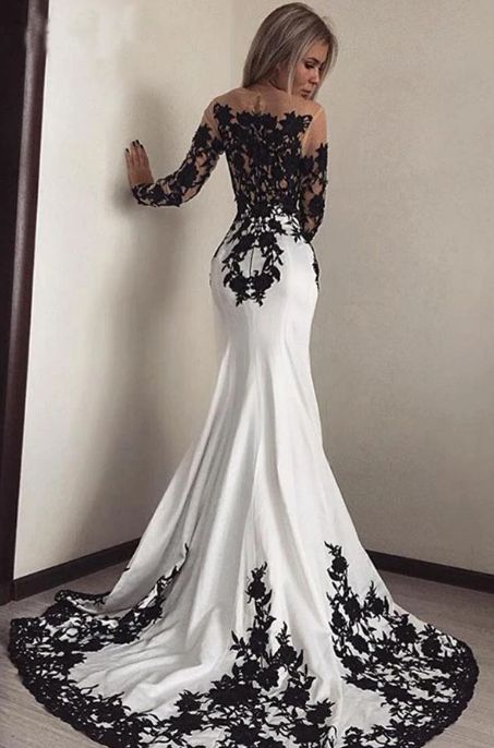 Elegant+Long+Sleeves+Mermaid+White+Black+Lace+Appliques+Satin+Prom+Dresses Processing+time:+7-21+business+days+ Shipping+Time:+3-5+business+days "Fabric:Stain+ Hemline/Train:Floor-length+ Back+Detail:+Zipper+ Sleeve+Length:+ Embellishments:+ Shown+Color:+Refer+to+Image+ Built-In+Bra:... Cheap Prom Dresses Uk, فستان سهرة, Gothic Wedding, Satin Prom Dress, Black Wedding Dresses, Prom Dresses Long With Sleeves, Black Lace Dress, Cheap Prom Dresses, Long Bridesmaid Dresses