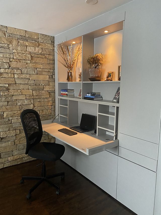 Desk In A Wardrobe, Hidden Desk Wall Unit, Wall Desk Bed, Living Room Hidden Desk, Built In Tv Wall Unit With Hidden Desk, Hidden Office Space In Living Room, Hide Desk In Living Room, Wall Unit With Hidden Desk, Hideaway Office Space