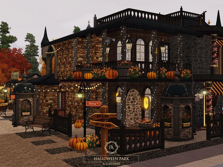 an animated halloween house with pumpkins and lights